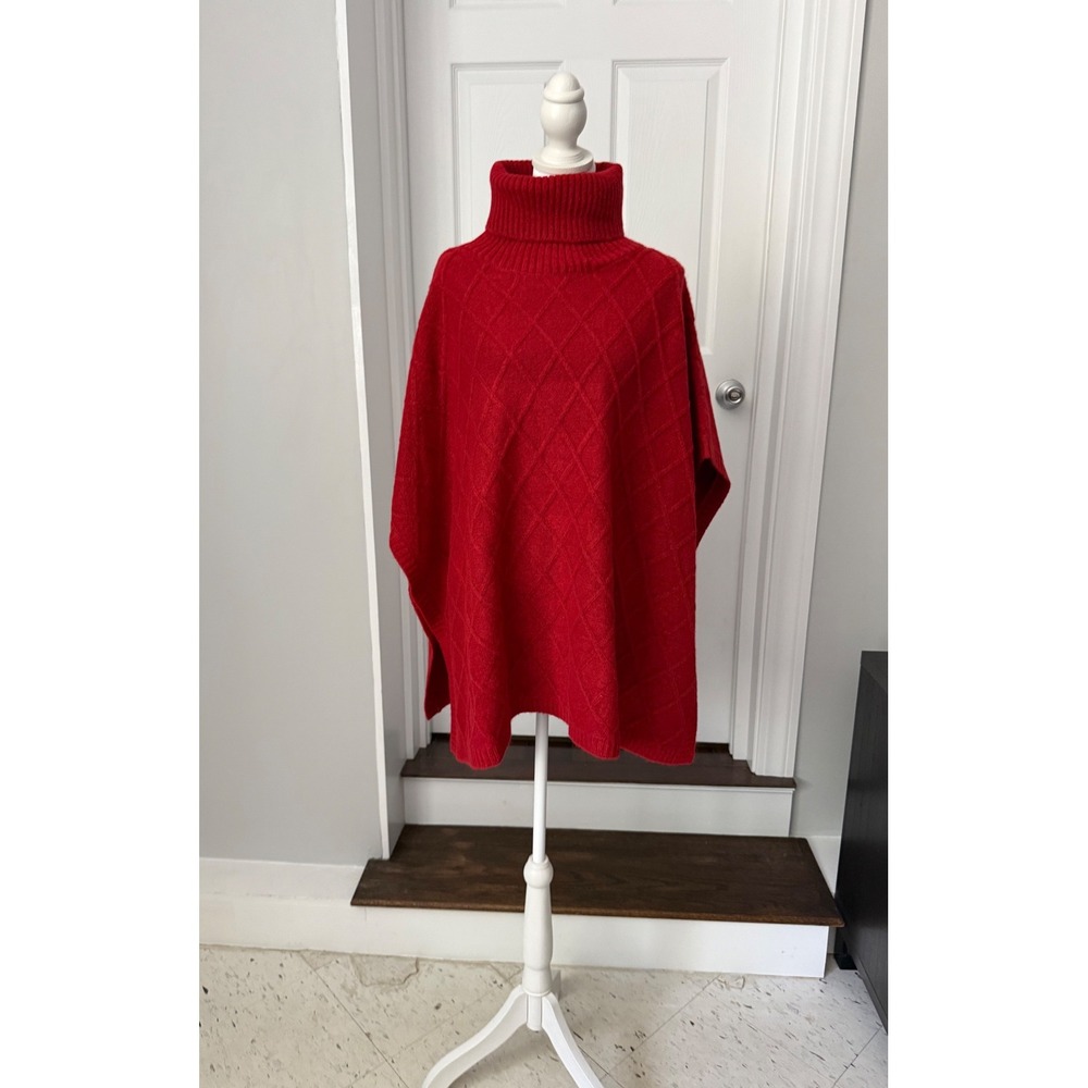 Loft Red Turtleneck Poncho Sweater Diamond Knit Wool Blend M/L NEW